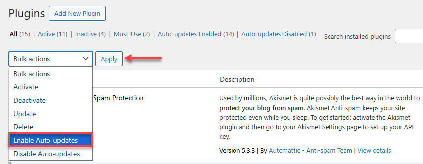 Bulk Action dropdown menu