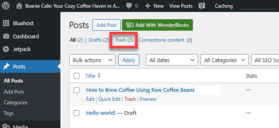 WordPress dashboard - Posts - Trash link