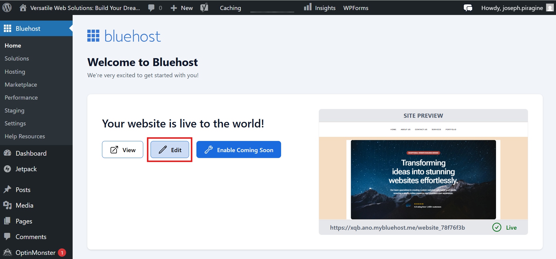 Bluehost WonderSuite WP Dashboard - Edit Site
