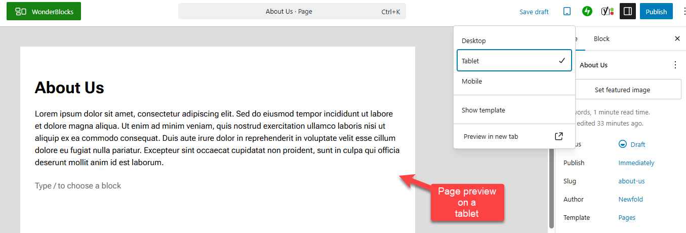 Page preview on a tablet