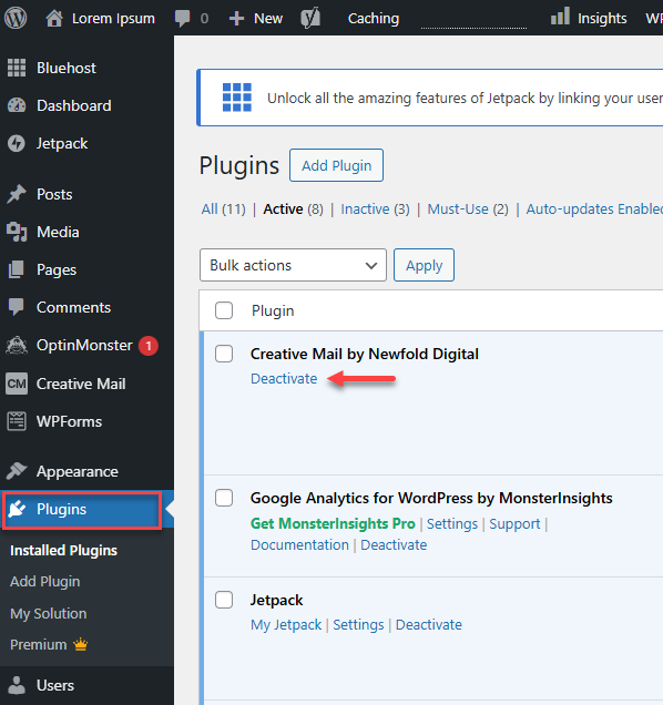 WordPress Dashboard - Plugins - Deactivate