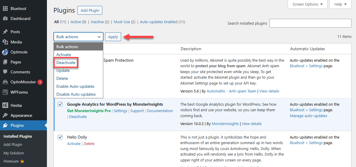 WordPress Dashboard - Plugins - Deactivate Plugins