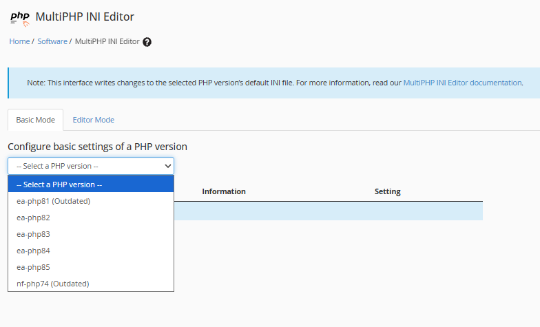 MultiPHP INI Editor - Basic Mode tab - Select PHP ersion