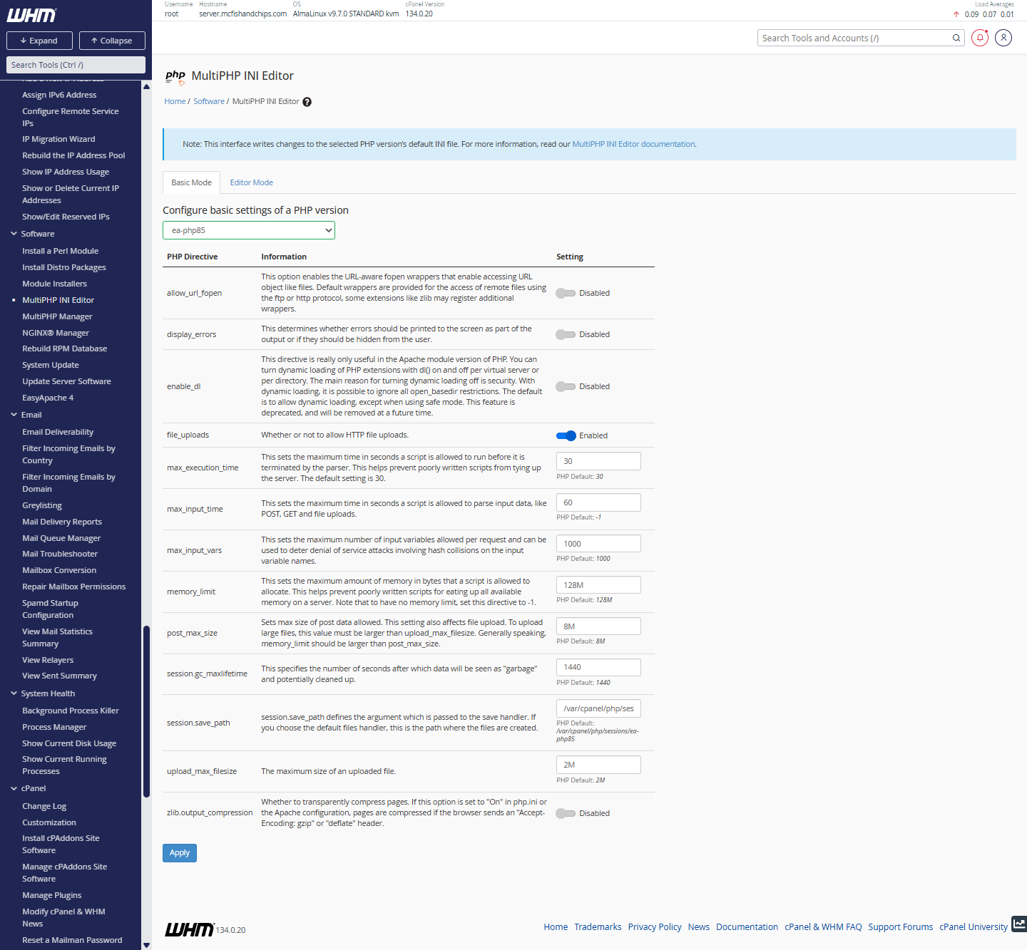 MultiPHP INI Editor - Basic Mode tab settings