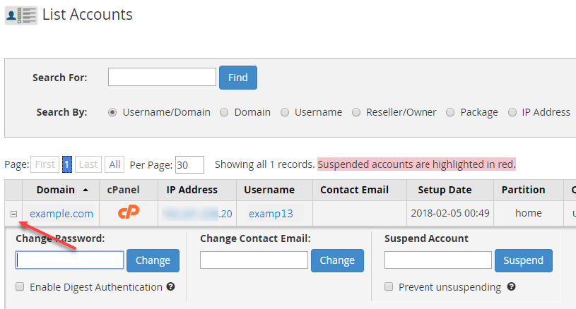 WHM - List Accounts - + icon