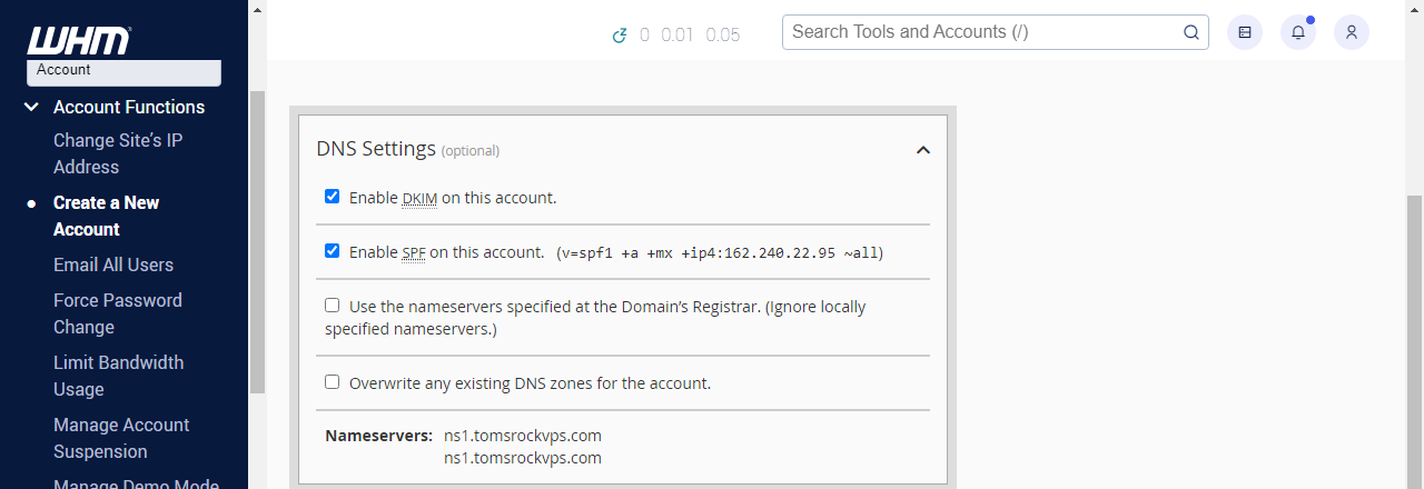 WHM Create a New Account DNS Settings