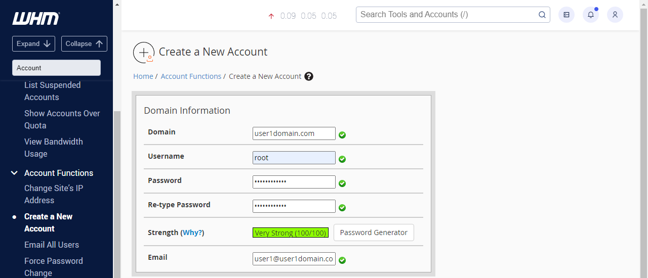WHM Create a New Account Domain Info