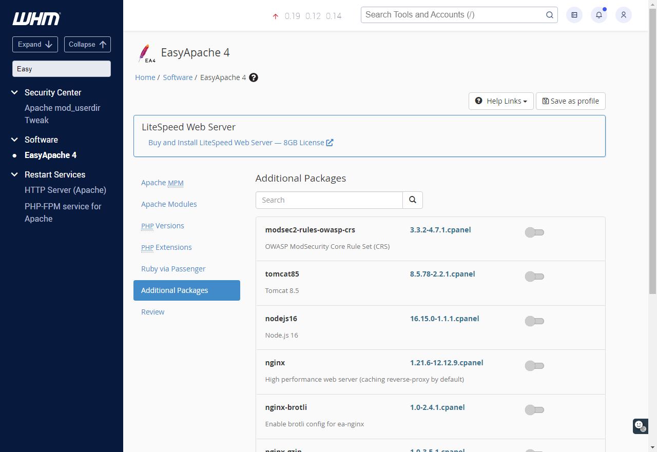 WHM - Easy Apache 4 additional packages