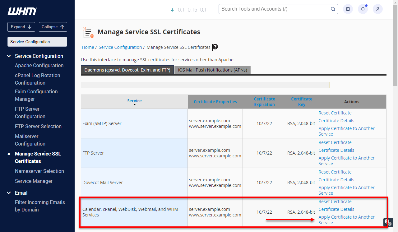 WHM Manage Service SSL Certificates