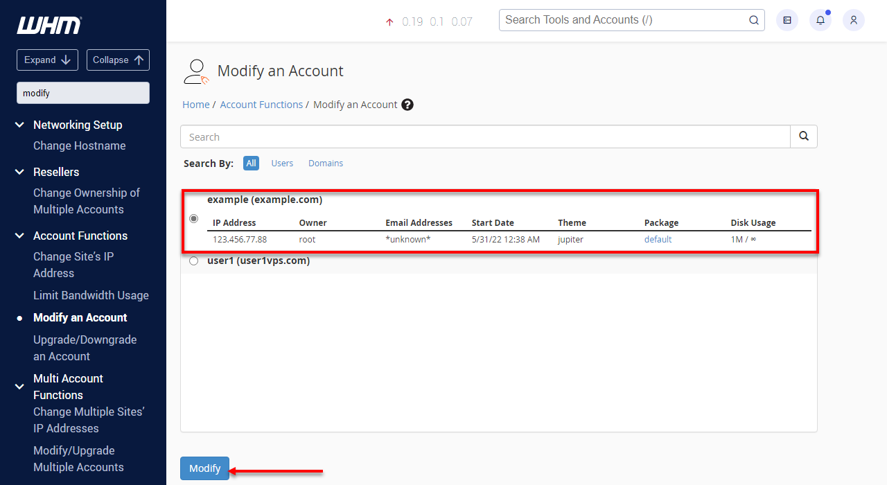 WHM Modify an Account list