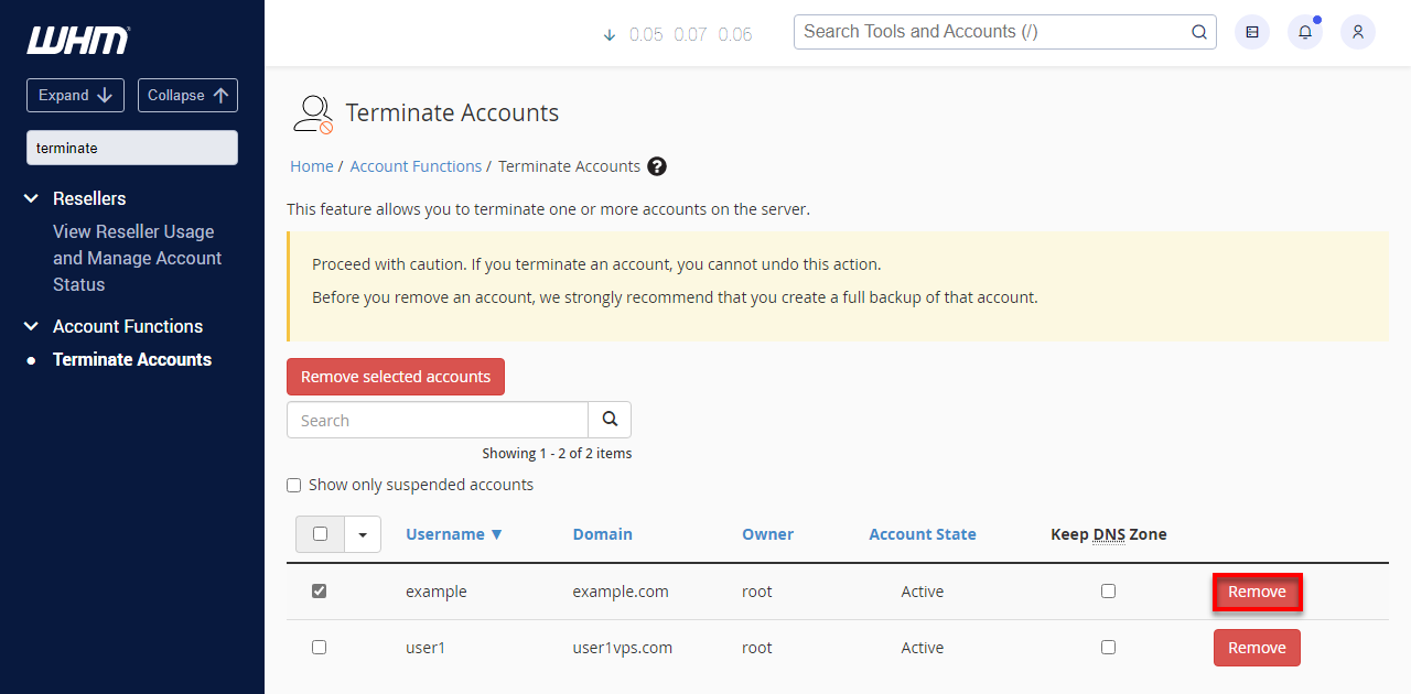 WHM Terminate Account Remove
