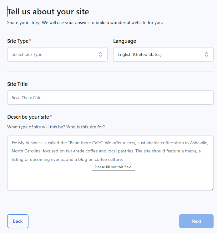 Bh WonderSuite - WonderStart Ai - Provide Site Information