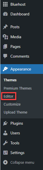 Bluehost WP Dashboard Appearance Editor