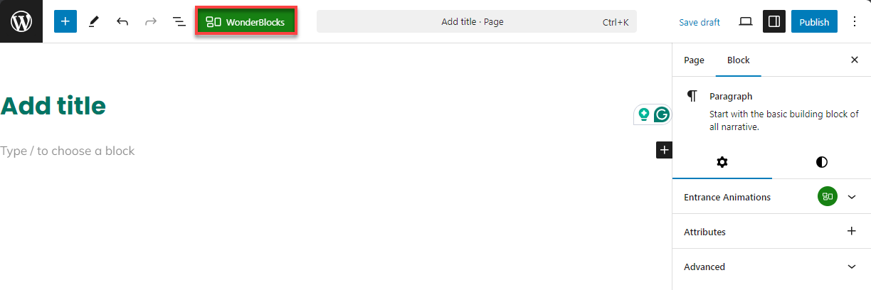 Bluehost WP Dashboard Pages  Add New Page - Choose to edit with WonderBlocks