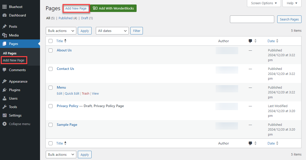 Bluehost WP Dashboard Pages  Add New Page