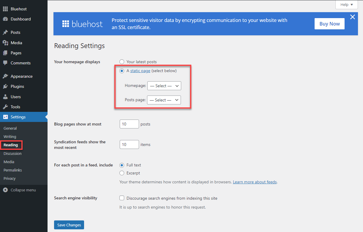 Bluehost WP Dashboard Settings Reading
