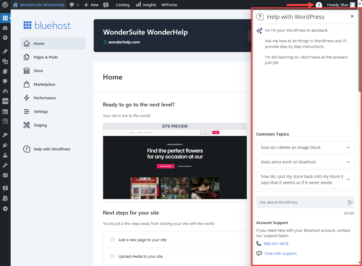 Bluehost WonderSuite WP Dashboard - WonderHelp Icon