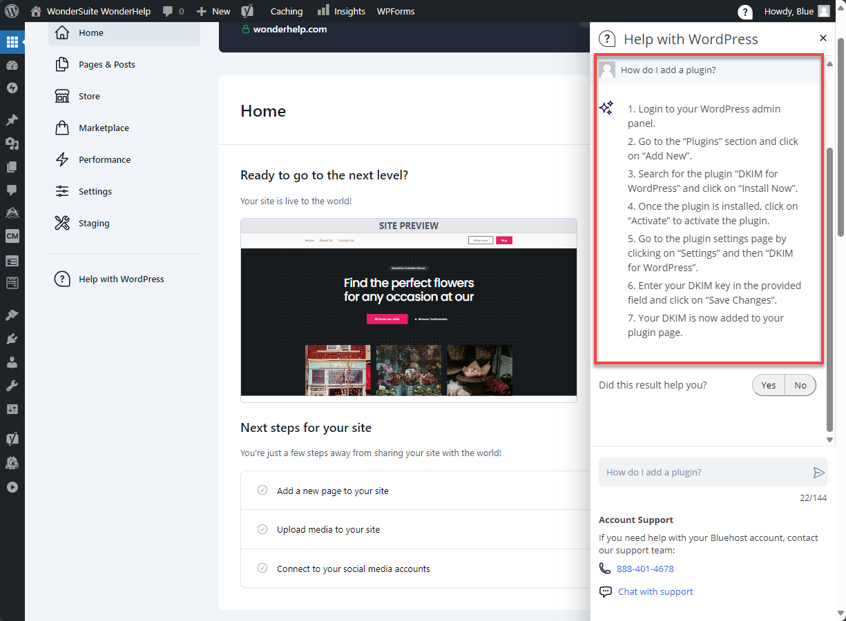 Bluehost WonderSuite WP Dashboard - WonderHelp Results
