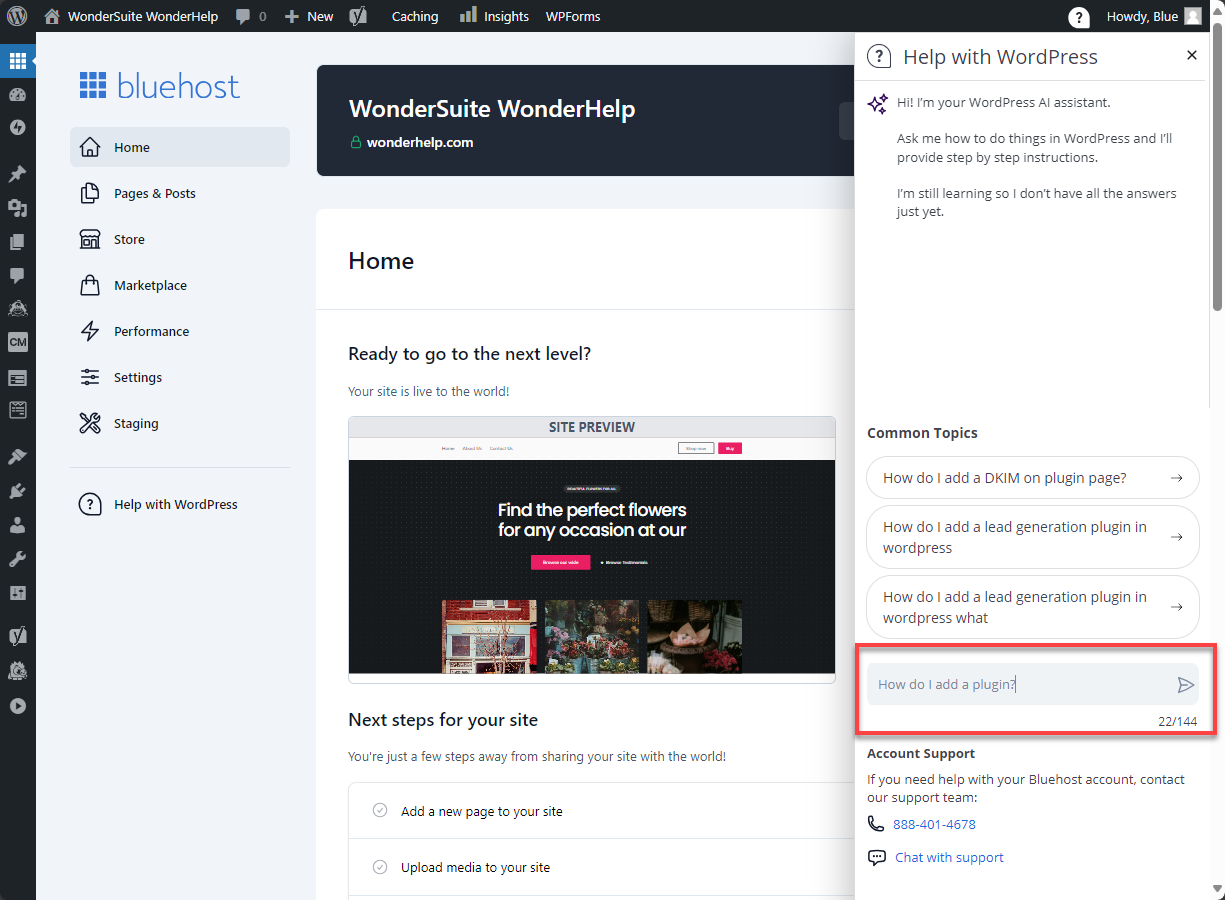 Bluehost WonderSuite WP Dashboard - WonderHelp Search