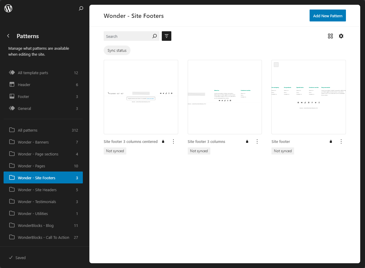 Bluehost WP Dashboard Appearance Editor Elements - Patterns