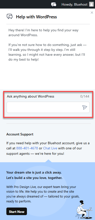 Bluehost WonderSuite WP Dashboard - WonderHelp Search bar