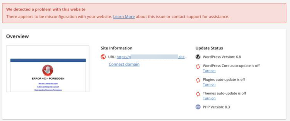 HostGator Overview Page Website Misconfiguration Error Message